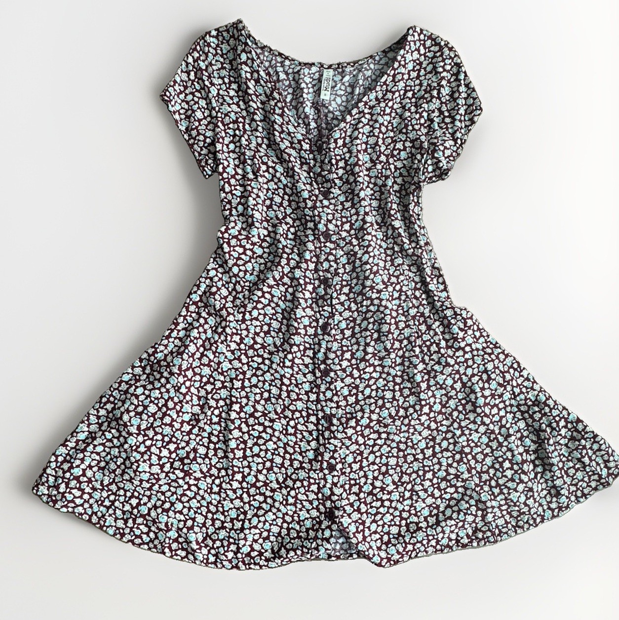 Vintage Y2K Mudd Floral ButtonFront Dress Corset Tie Back Pockets Burgundy Small