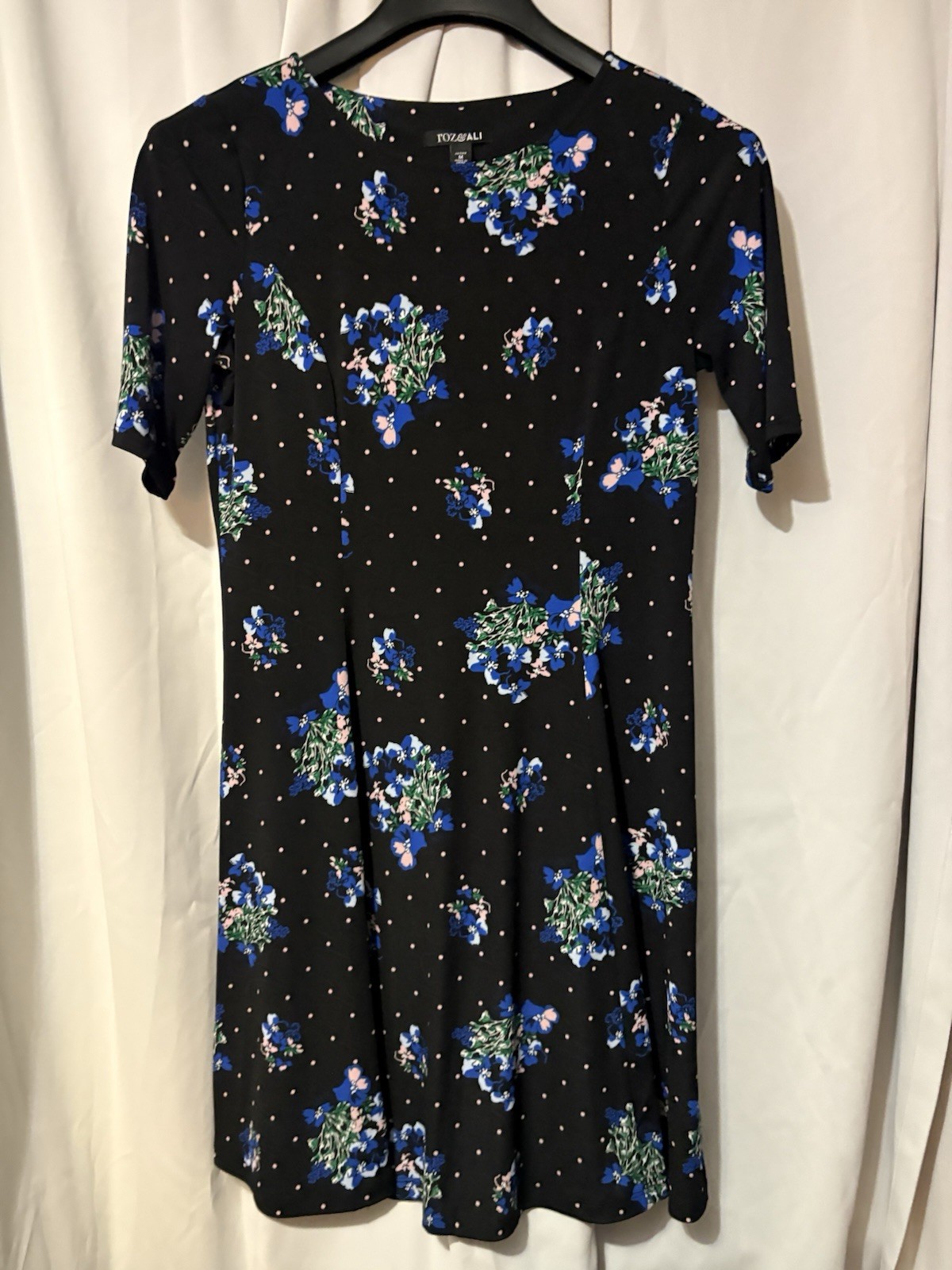 Roz & Ali Petite M Black Floral A-Line Knee Dress Short Sleeve
