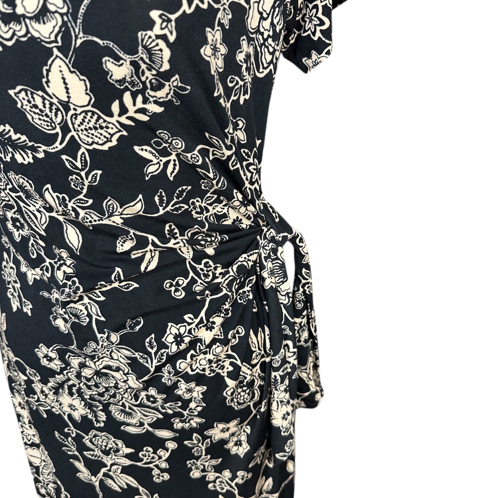 Johnny Was Womens Black Floral Side Tie Midi Dress Short Sleeve Size M
