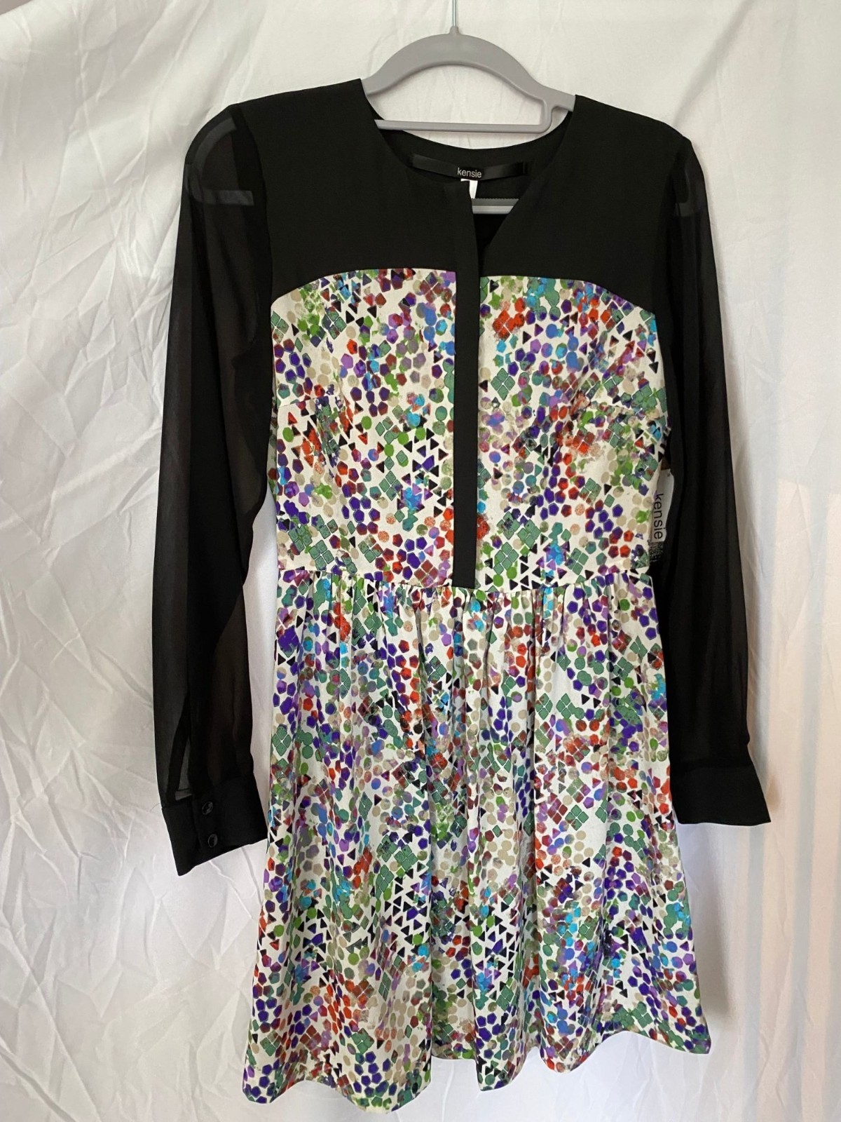 Kensie Womens XS Multicolor Print Dress With Sheer Black Sleeves & Button Detail