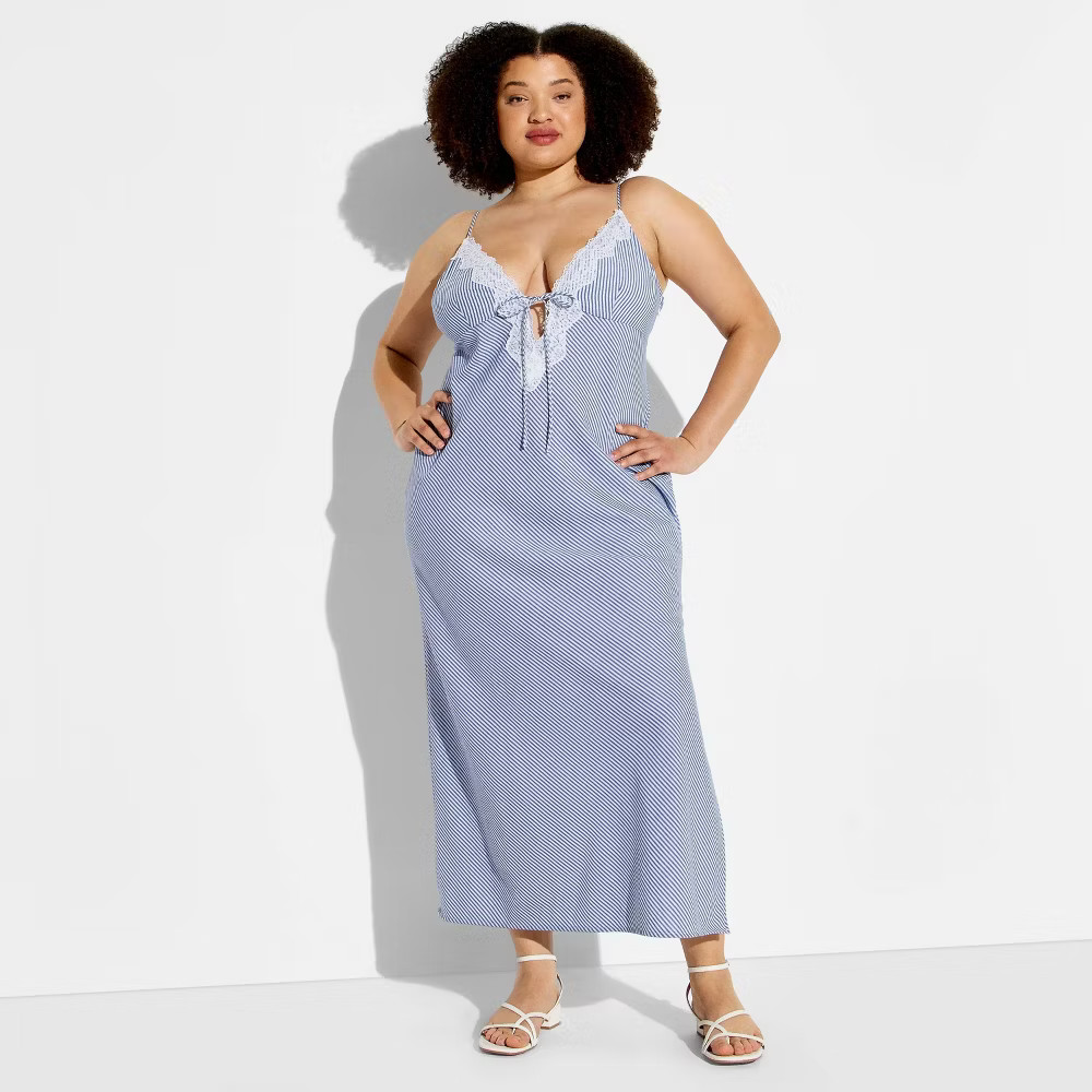 Women Lace Trim Maxi Empire Waist Dress – Wild Fable Blue Striped
