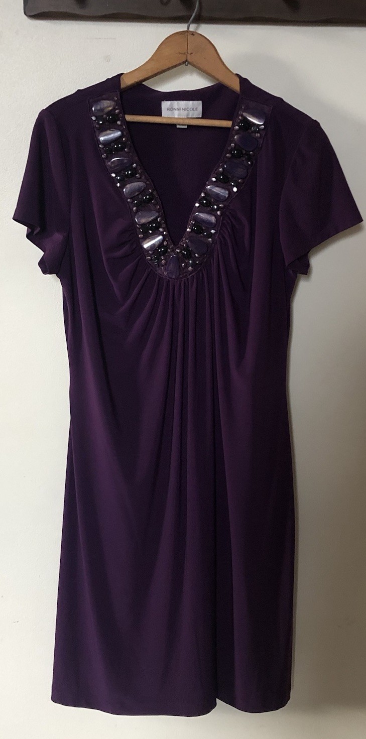 Ronni Nicole 16 Eggplant Purple Liquid Knit Short Sleeve Dress Beading Boho Chic