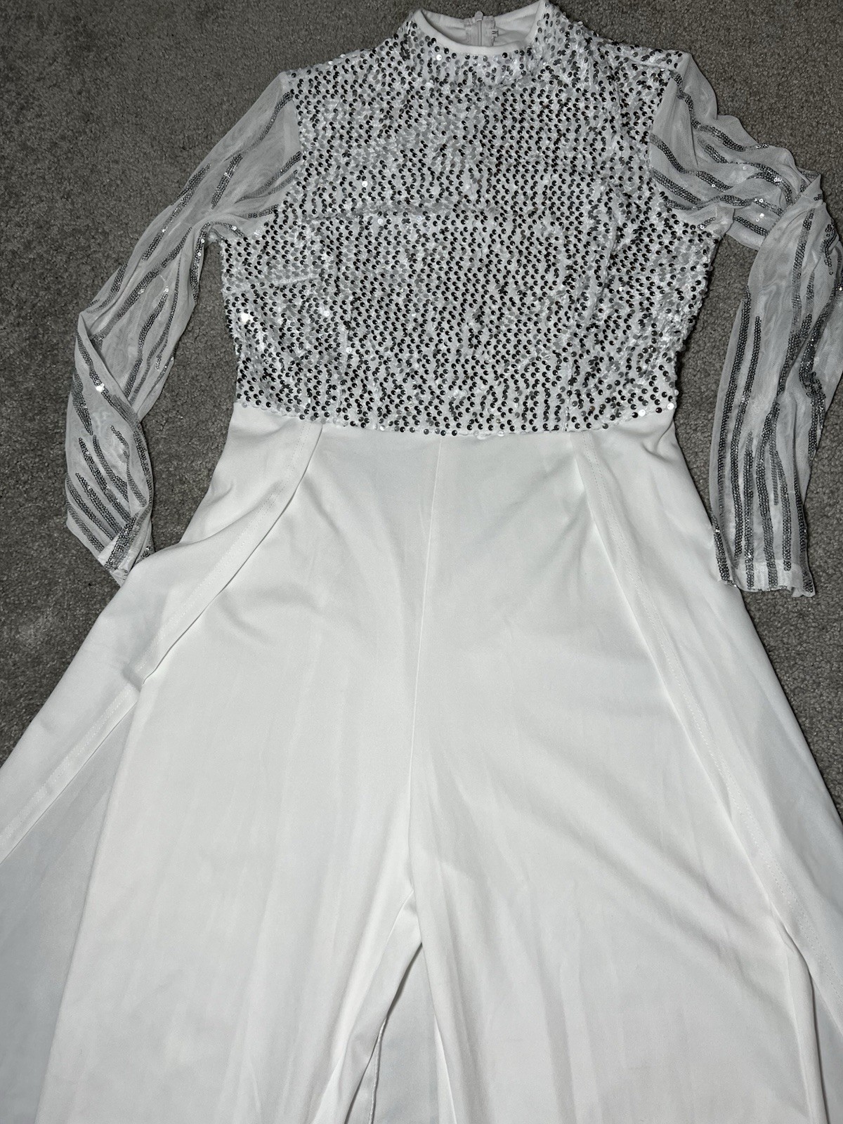 VERWIN White Sequins Jumpsuit Dress Overlay Elegant Fashion Wedding Sz M New #B