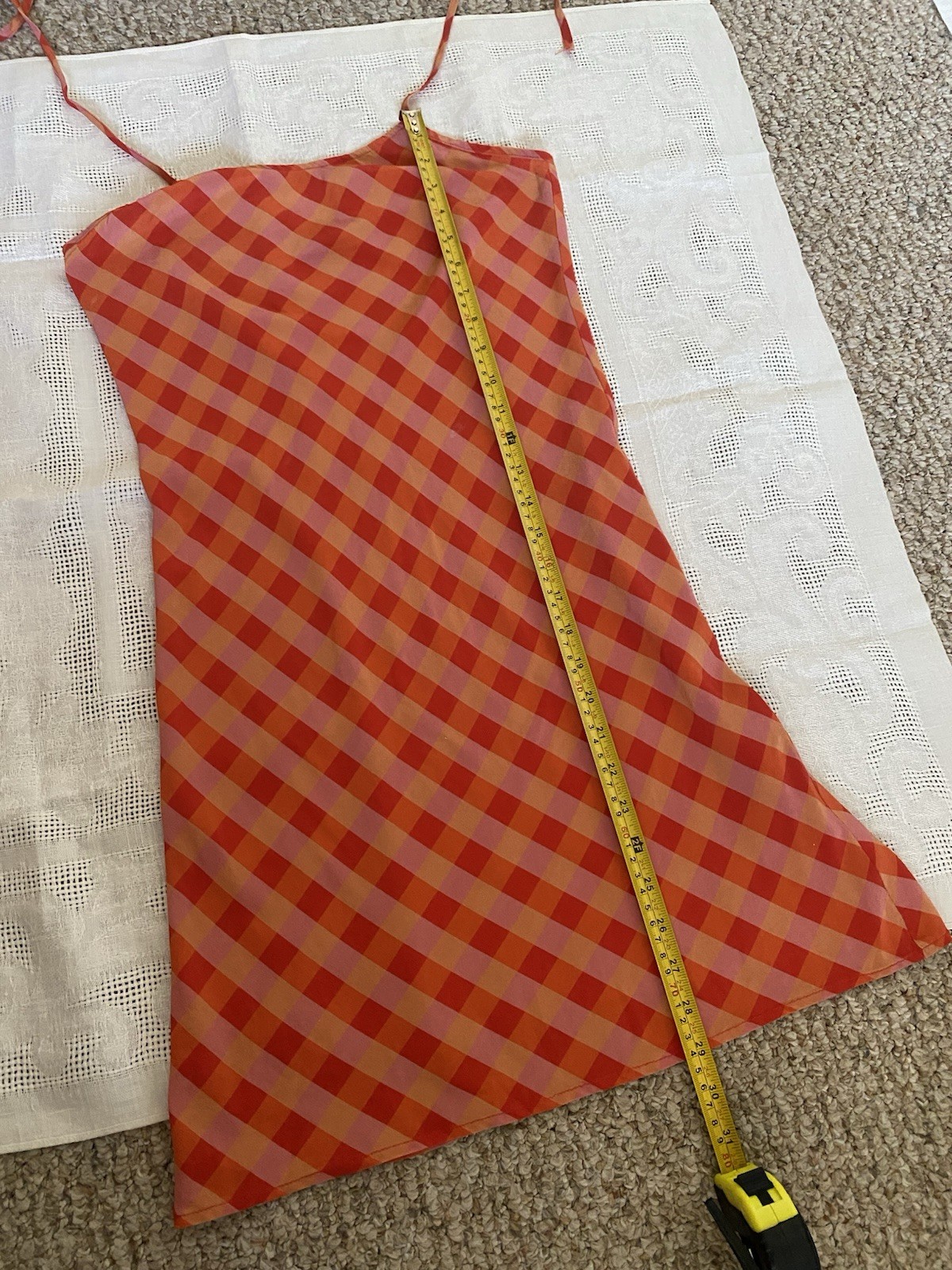 LHD 100% Silk Orange Pink Gingham Halter Mini Dress Open Back Size 4