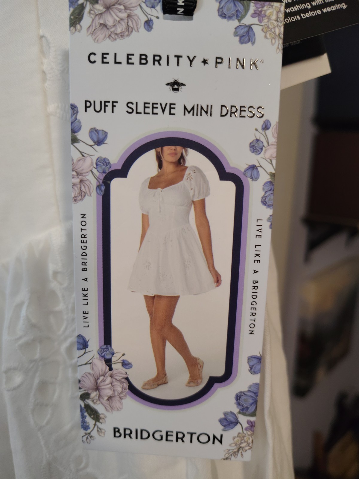 Bridgerton Celebrity Pink Women’s Eyelet Puff Sleeve Mini Dress White Small NWT