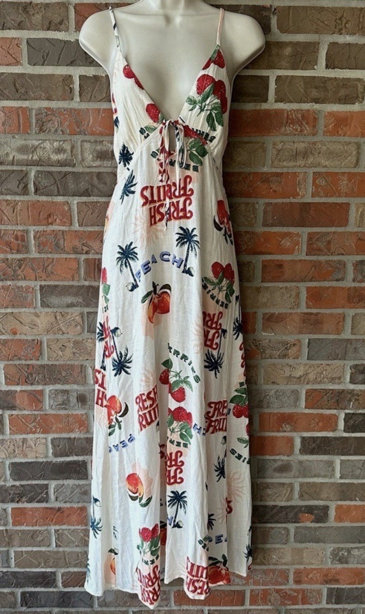 Anthropologie Paper Heart Fruit Print Beach Vacation Maxi Dress L (med) EUC