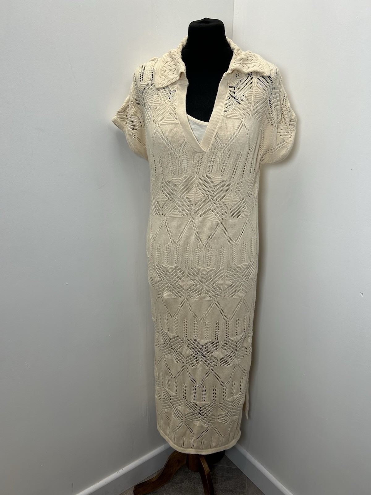 Oliver Bonas Crochet Look Neutral Knit Midi Dress Size 10 Beach Summer
