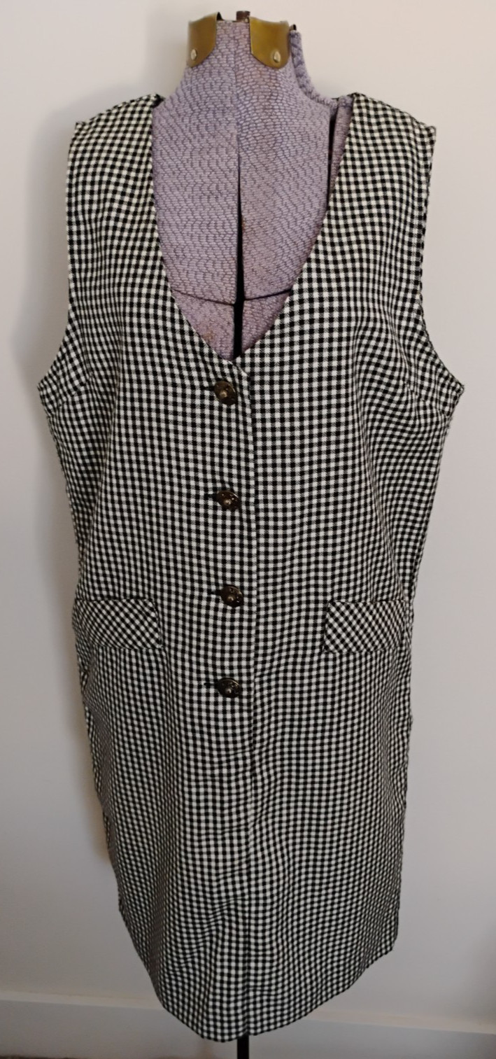 Vtg Kathie Lee Jumper Shift Dress 8 Black White Check Gingham Button Down