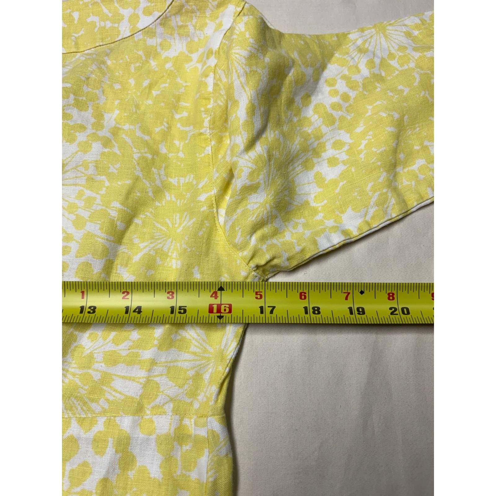 Boden Yellow White Linen Floral A-Line Dress 3/4 Sleeve Notched V-Neck US 4L