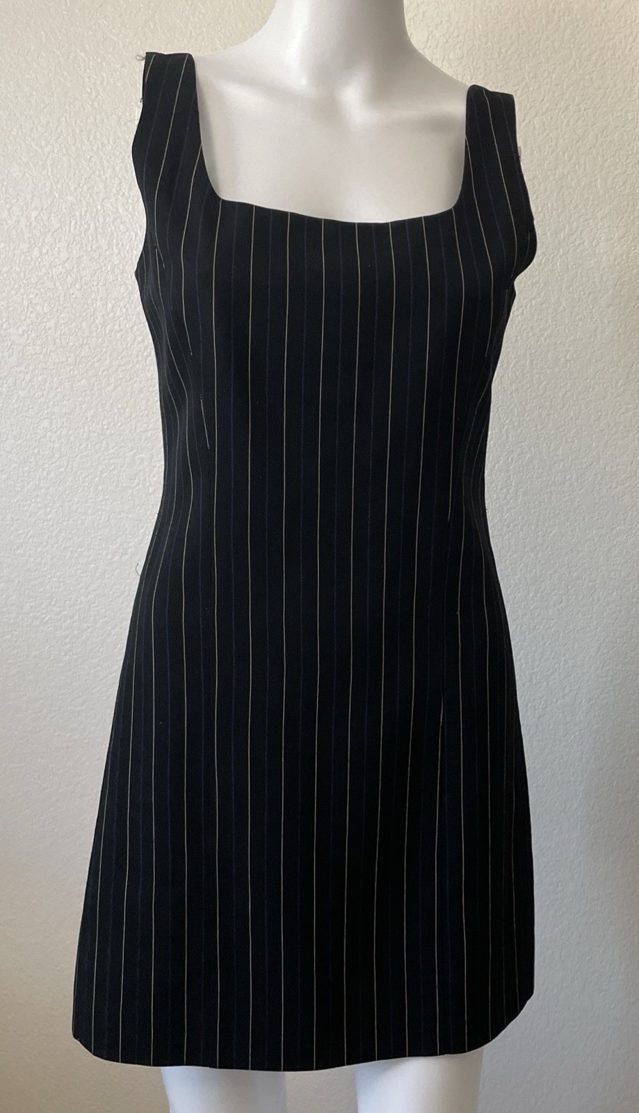 Vintage CK Calvin Klein Black Wool Pinstripe Sheath Mini Dress Made in Britain