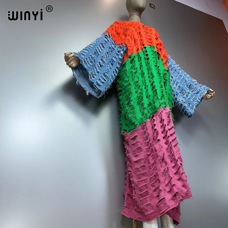 Kimono Colored Denim Cardigan Maxi Dress Beach Wear Cover-Up Abaya Dubai Luxury