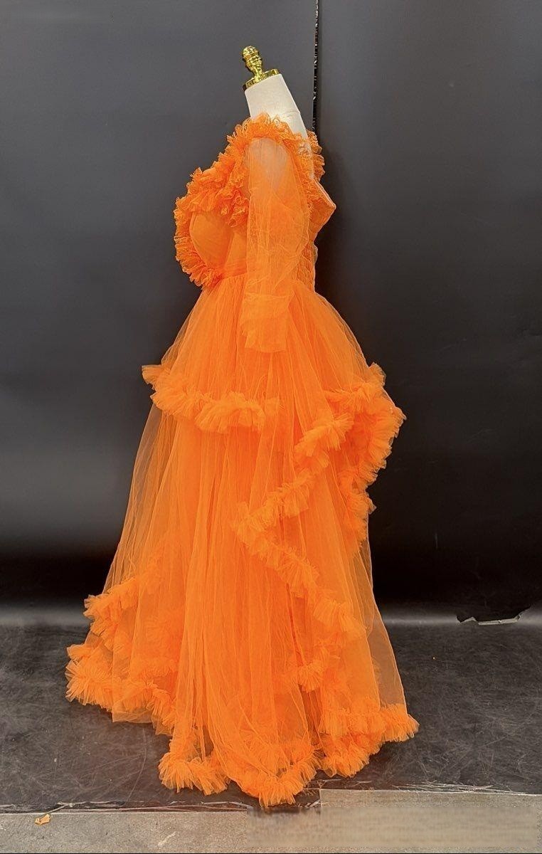 Oyemwen Orange Tulle Ruffle Tiered Gown Sheer Long Sleeve Smocked Maxi Dress NWT