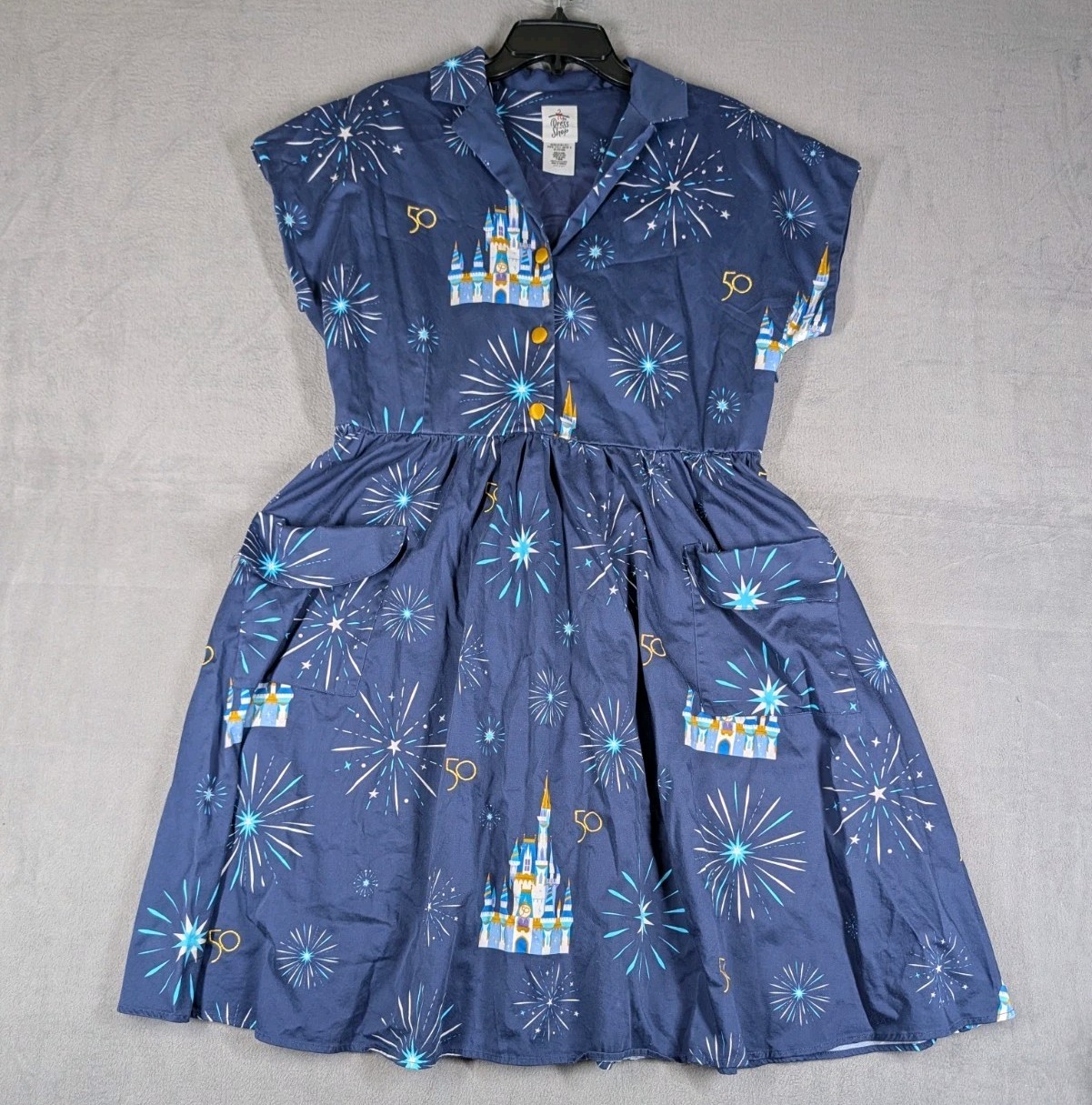 Disney Womens Large Blue 50th Anniversary Castle Fireworks Dress Pockets Cotton