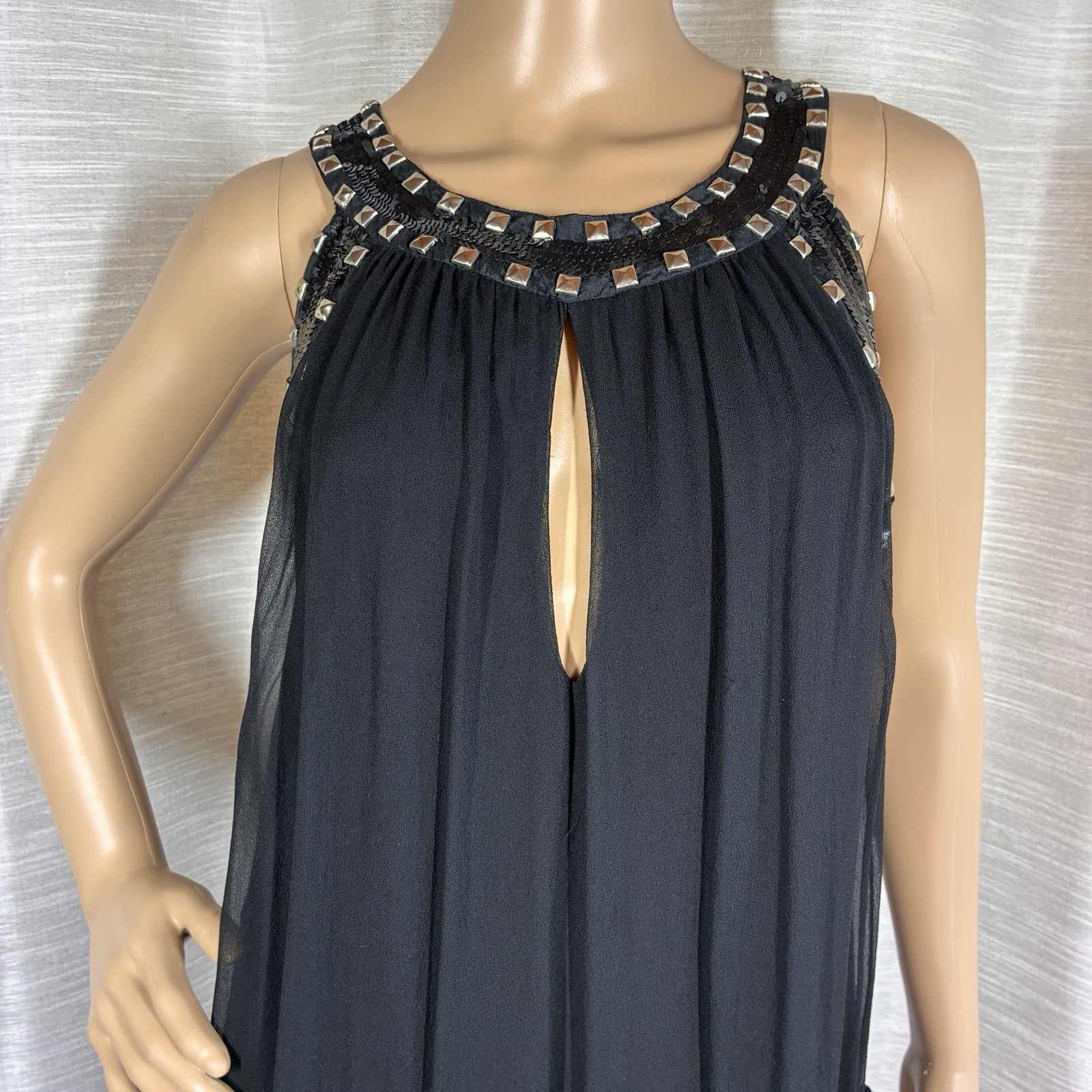 Hannah Jo Silk Mini Dress Size M Black Studded Sequin Embellished Keyhole Grunge