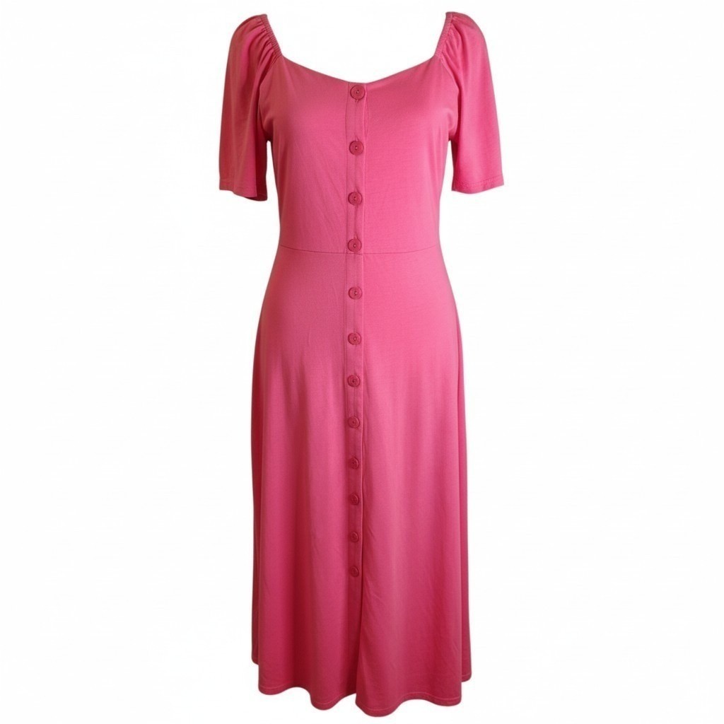 Pink Martini Maureen Dress Women M Pink NEW Button Front Short Sleeve Midi
