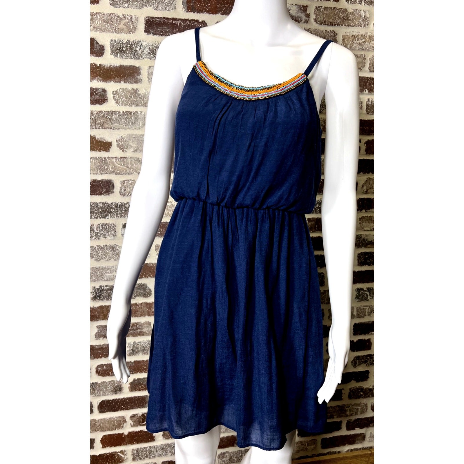 IZ Byer Blouson Lined Vibrant Beading Navy Elastic Waist Mini Dress Women’s XS