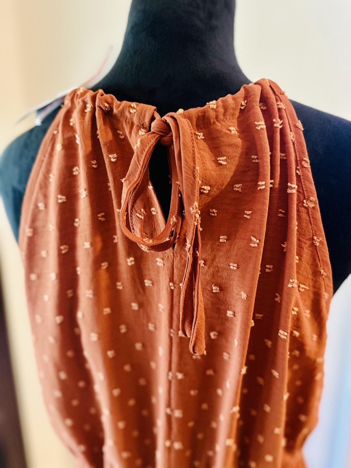 PrettyGarden NWT Chic Burnt Orange Swiss Dot Pleated Tie Waist Halter Dress Sz L