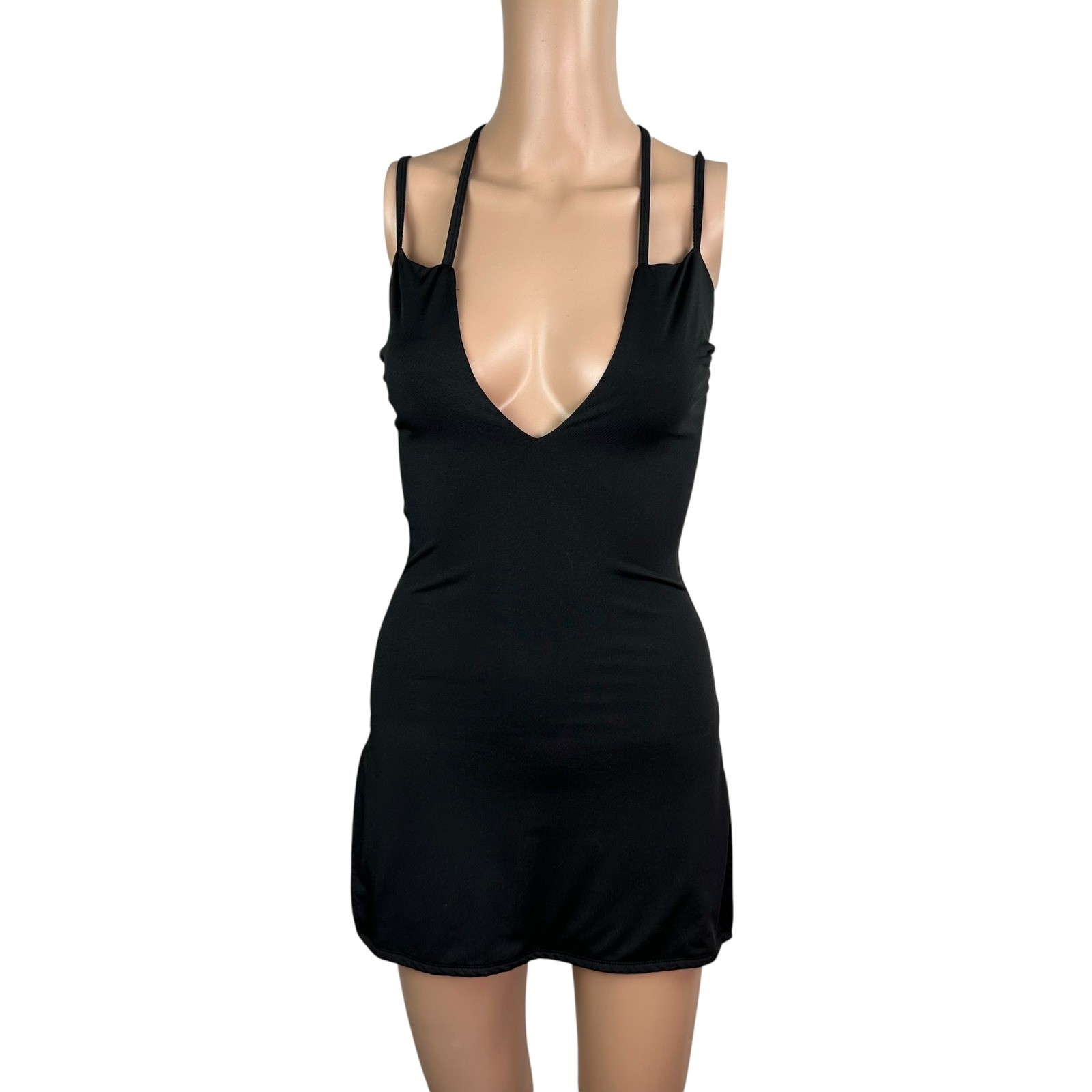 Womens Black Bodycon Mini Dress Deep V Neck Strappy Back Side Slits Clubwear