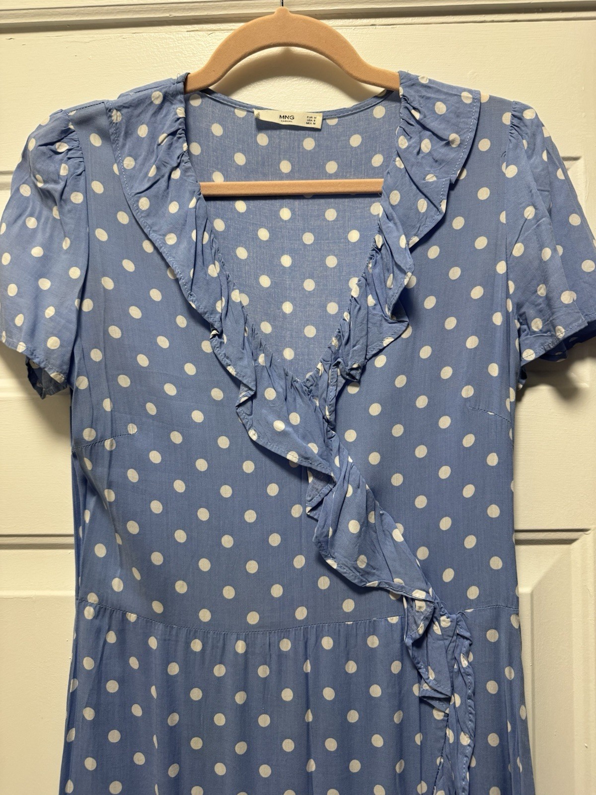Mango Light Blue and White Polka Dot Ruffle Wrap Dress