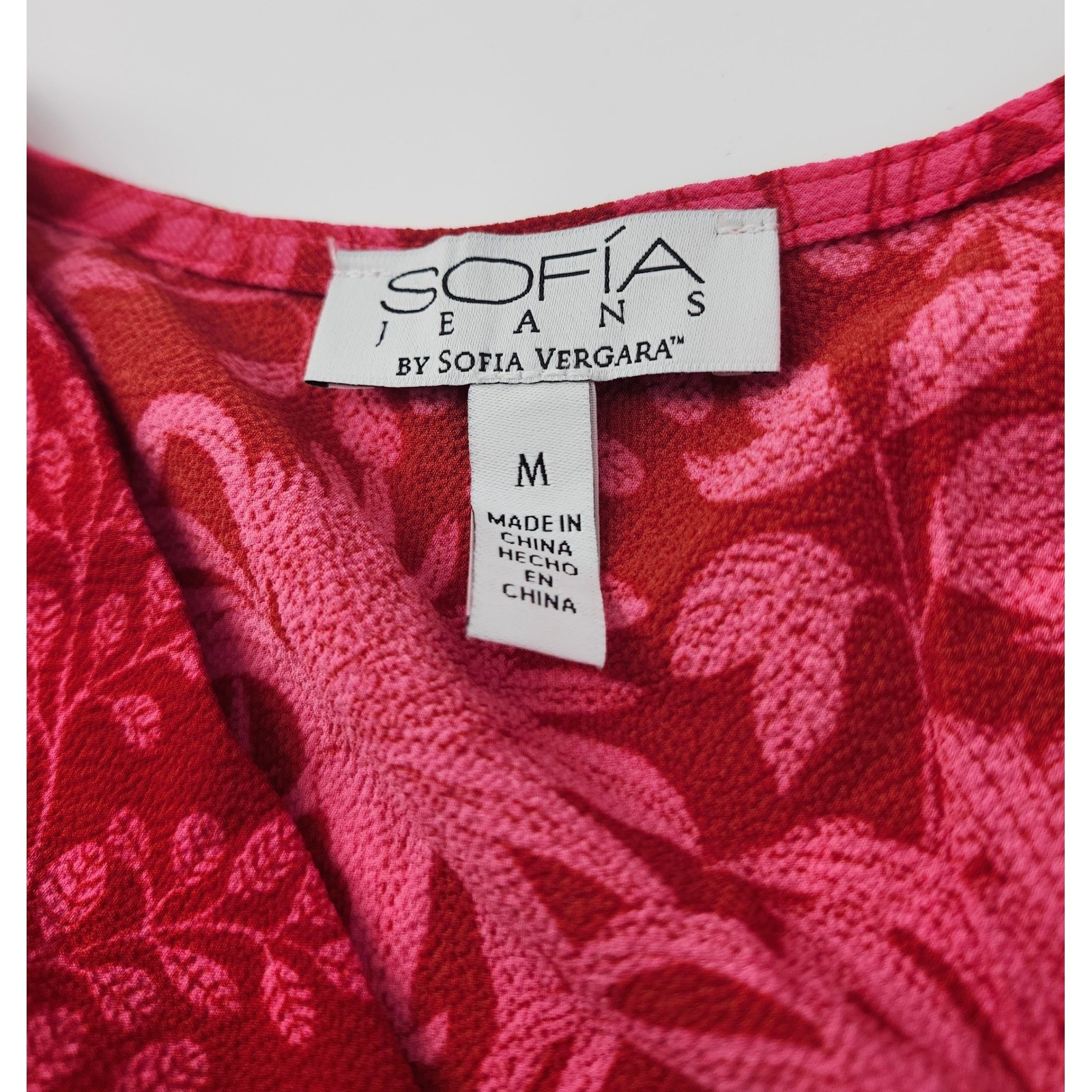 Sofia Jeans by Sofia Vergara Red Pink Floral Wrap Midi Dress Tiered Ruffle M