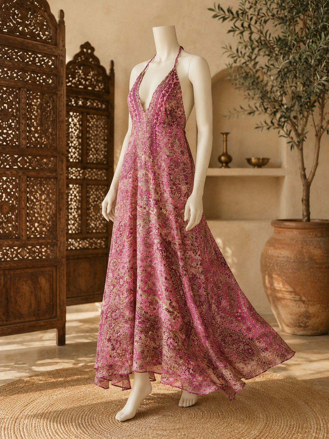 Women’s Boho Maxi Dress Paisley Halter Beach Sundress Summer Vacation Dress