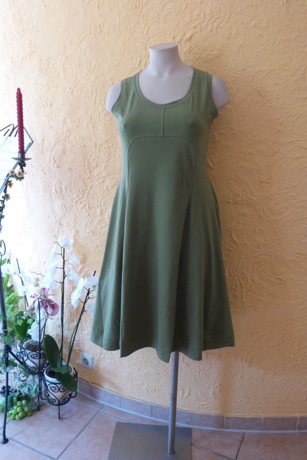 BORIS INDUSTRIES Empire Dress 44 (3 NEW Green A-Shape Stretch Cotton LAGENLOOK