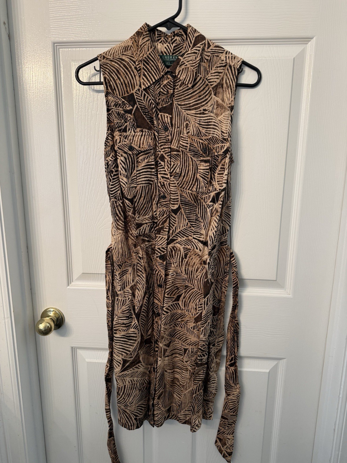 Lauren Ralph Lauren linen shirt dress brown and beige tropical leaf print Size 8