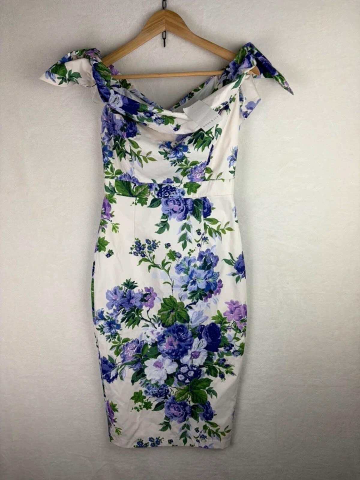 Hope & Ivy Suzette Bardot Sleeve Purple Floral Midi Pencil Dress Size 8