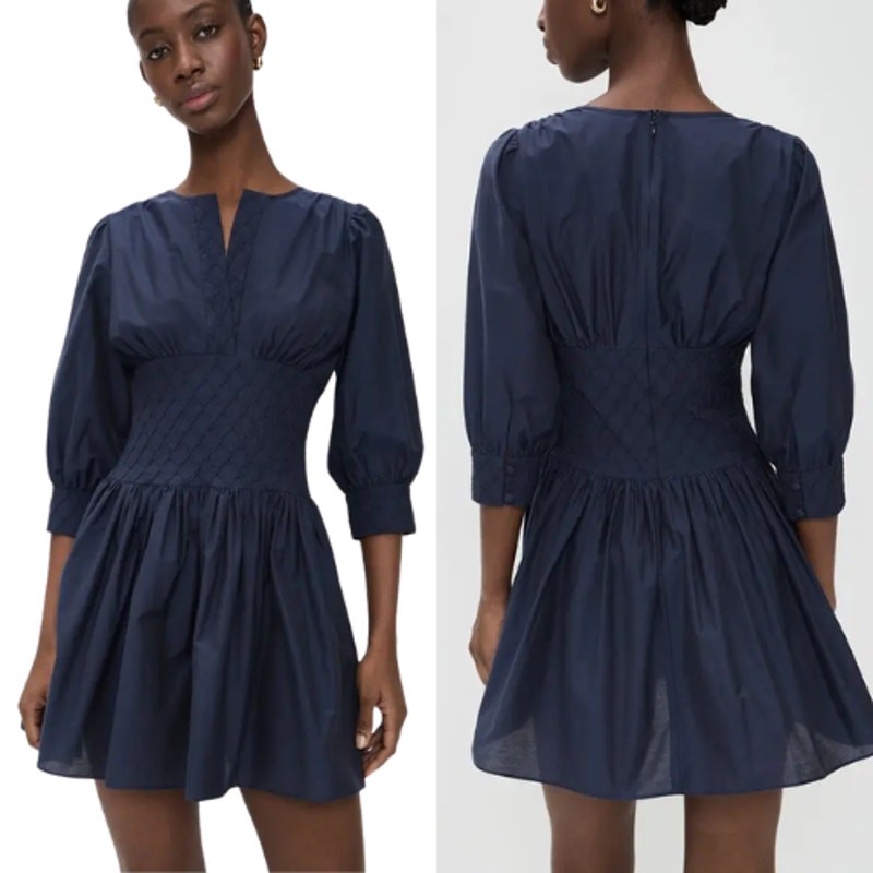 NEW Hunter Bell Siri Diamond Smocked Waist Split Neck Mini Dress Blue Size: 8