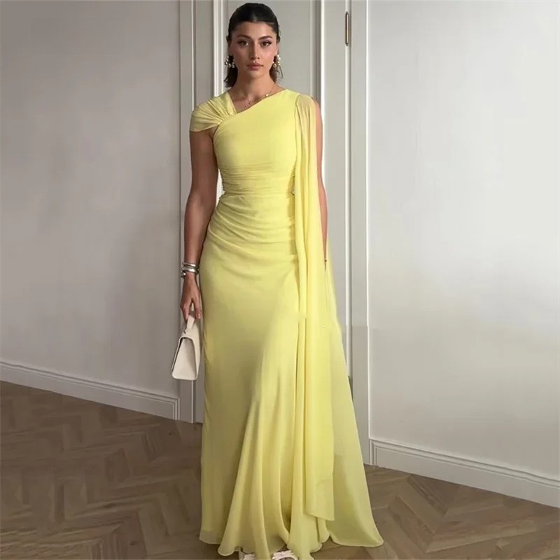 Elegant Yellow A-line Ball Gown with Open Sleeves and Chiffon Prom Evening Dress