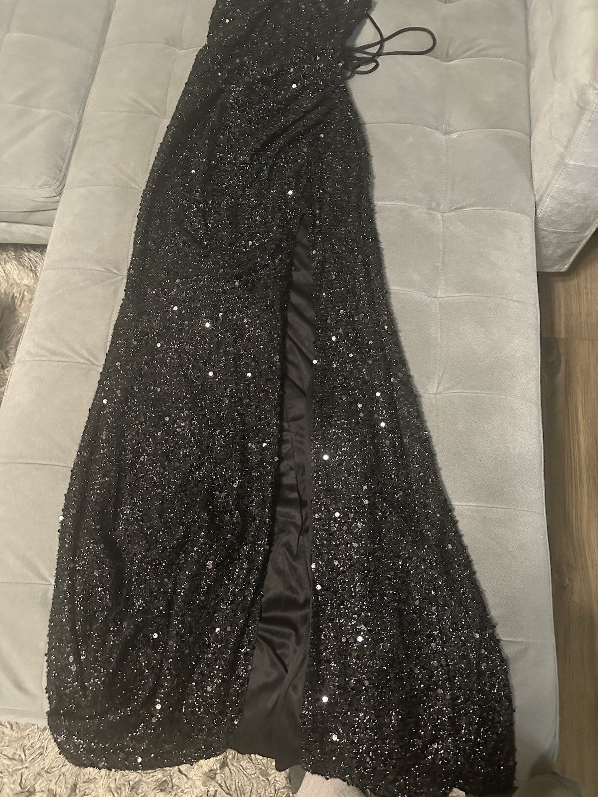 Beautiful black, full length, sequined prom dress with lace up back Size Xs