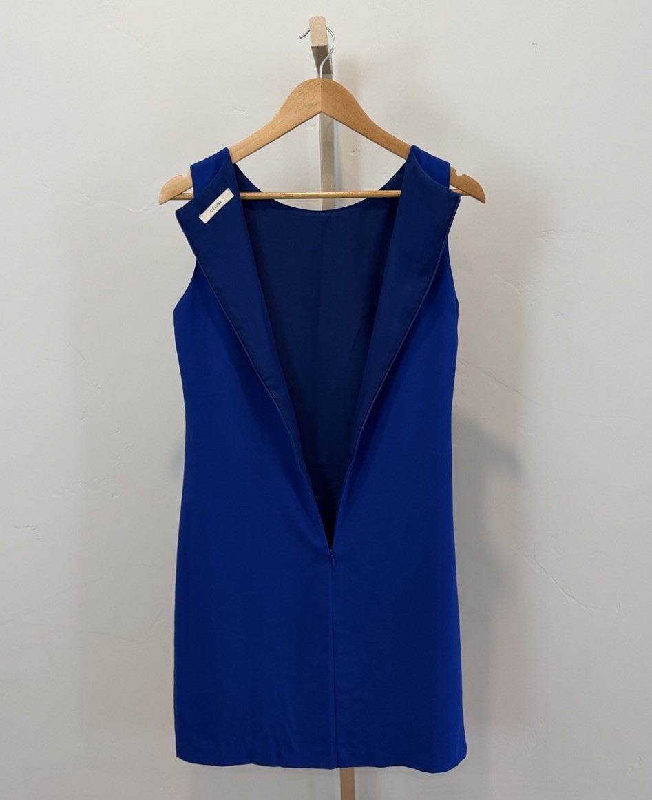 CELINE Silk Color Block Minimalist Shift Dress Women’s M Blue Black Sleeveless