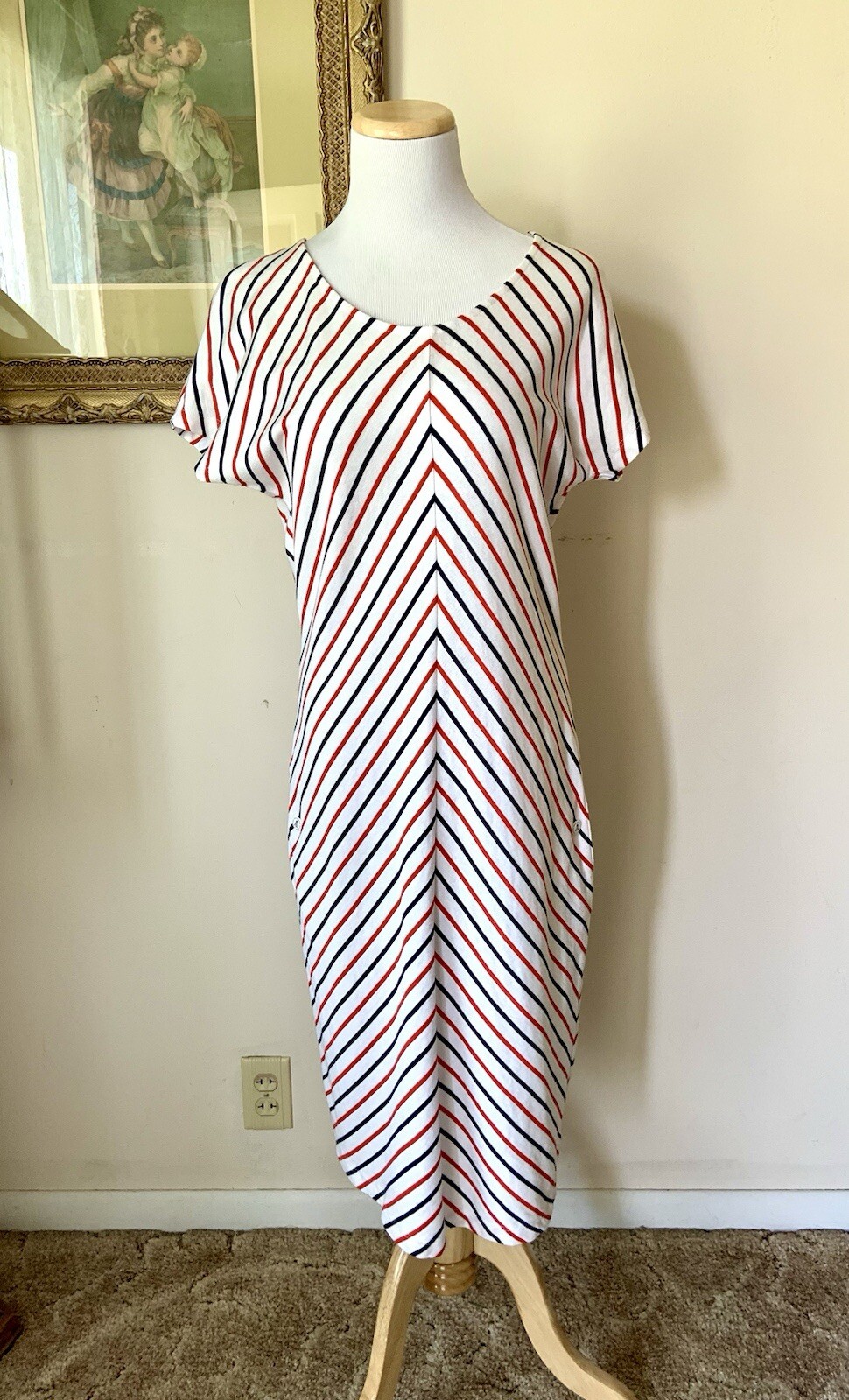 Barbour Whitmore Striped Dress US 8 UK 12 Red White Blue Preppy Midi TShirt Knit