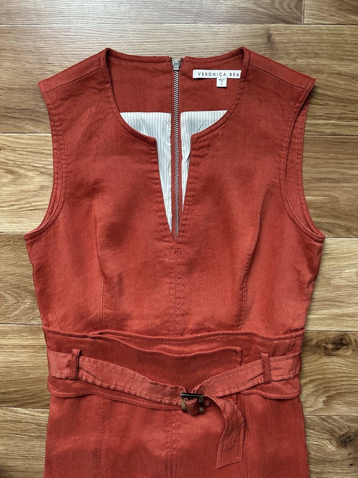 Veronica Beard Rust Linen Belted Mini Dress Zip Front Sleeveless Sz 6 USA