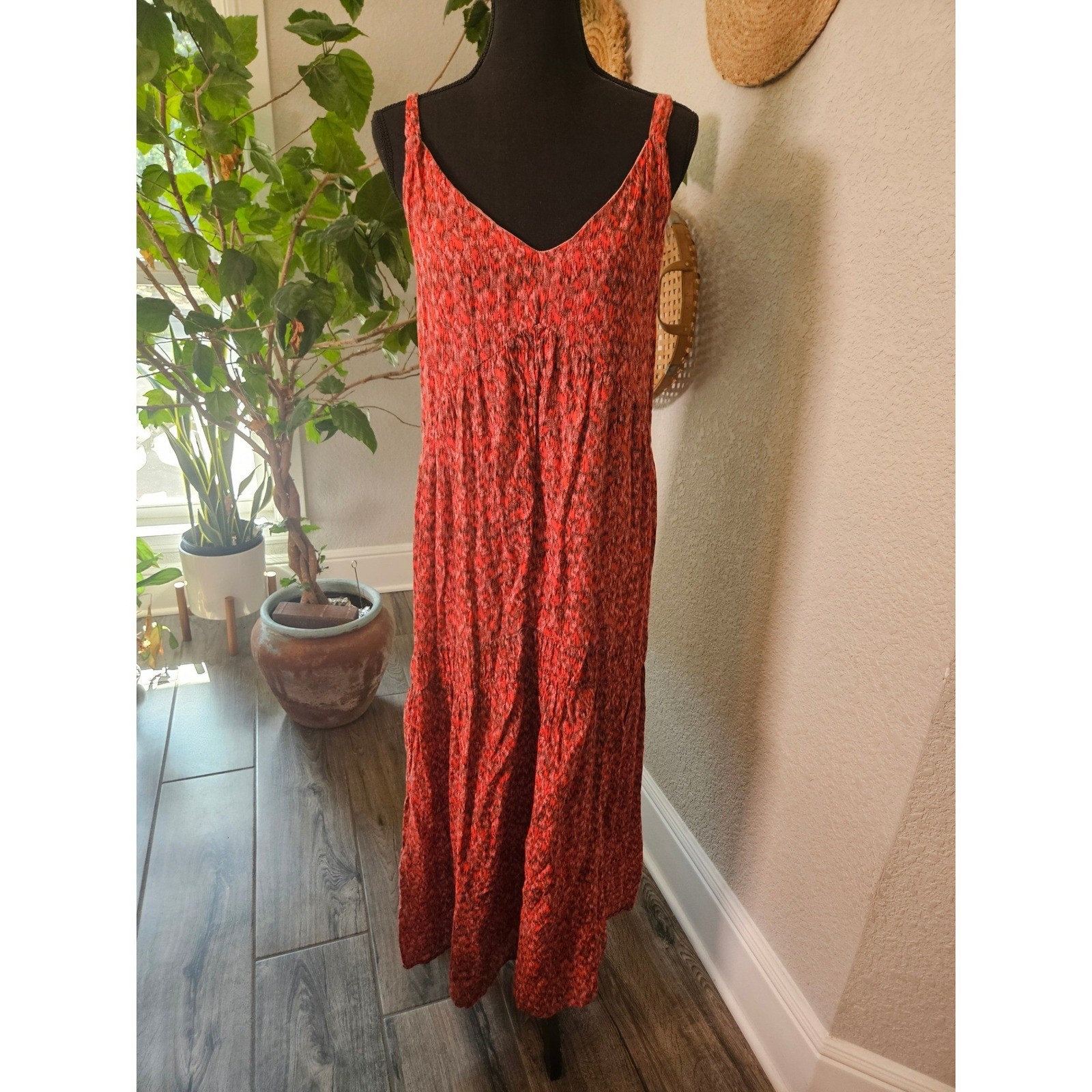 Joie Tea Rose Red Abstract Print Cotton Maxi Dress XXL JE6001PR Boho Tiered