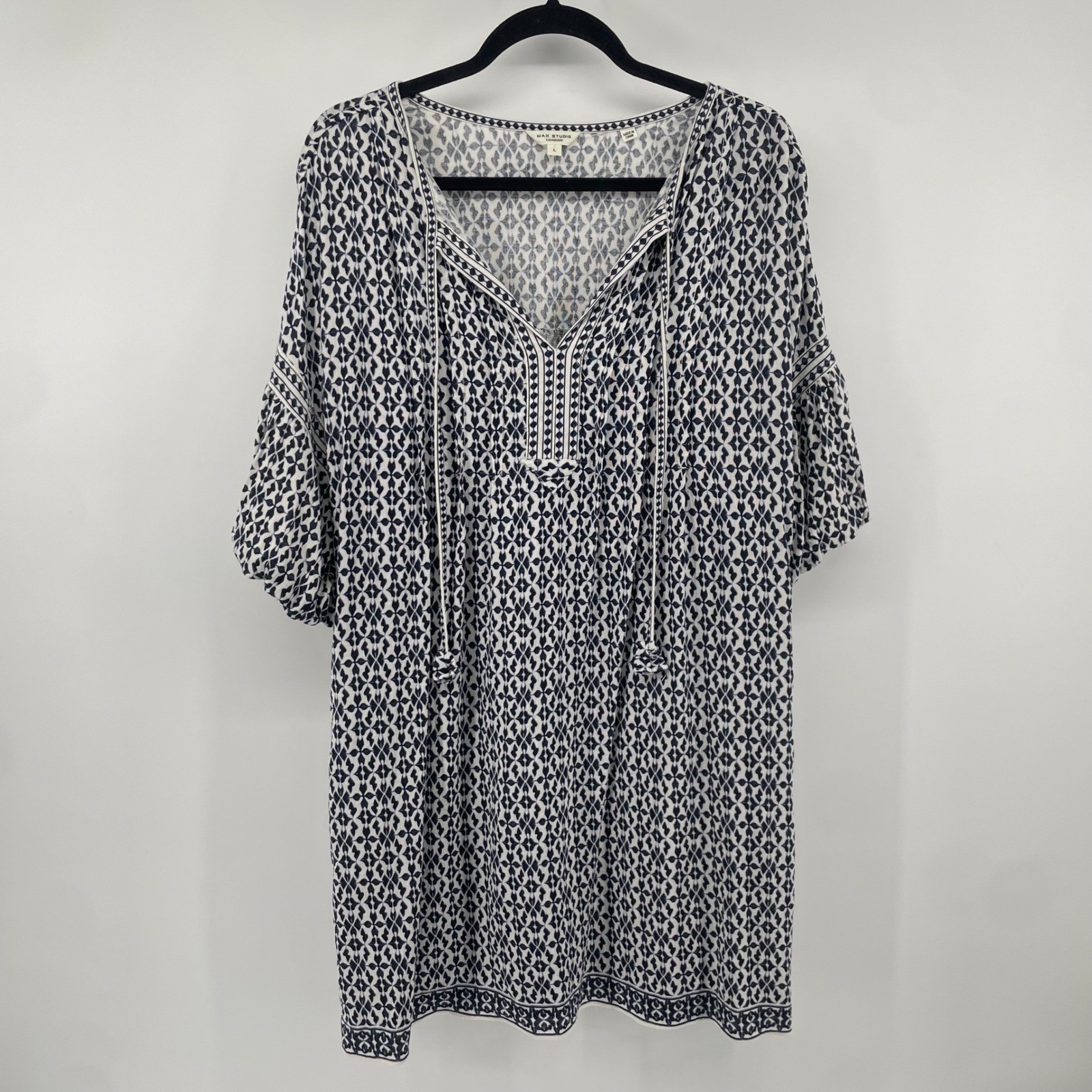 Max Studio Tunic Dress Womens Large Blue Geometric Tassel Boho Shift