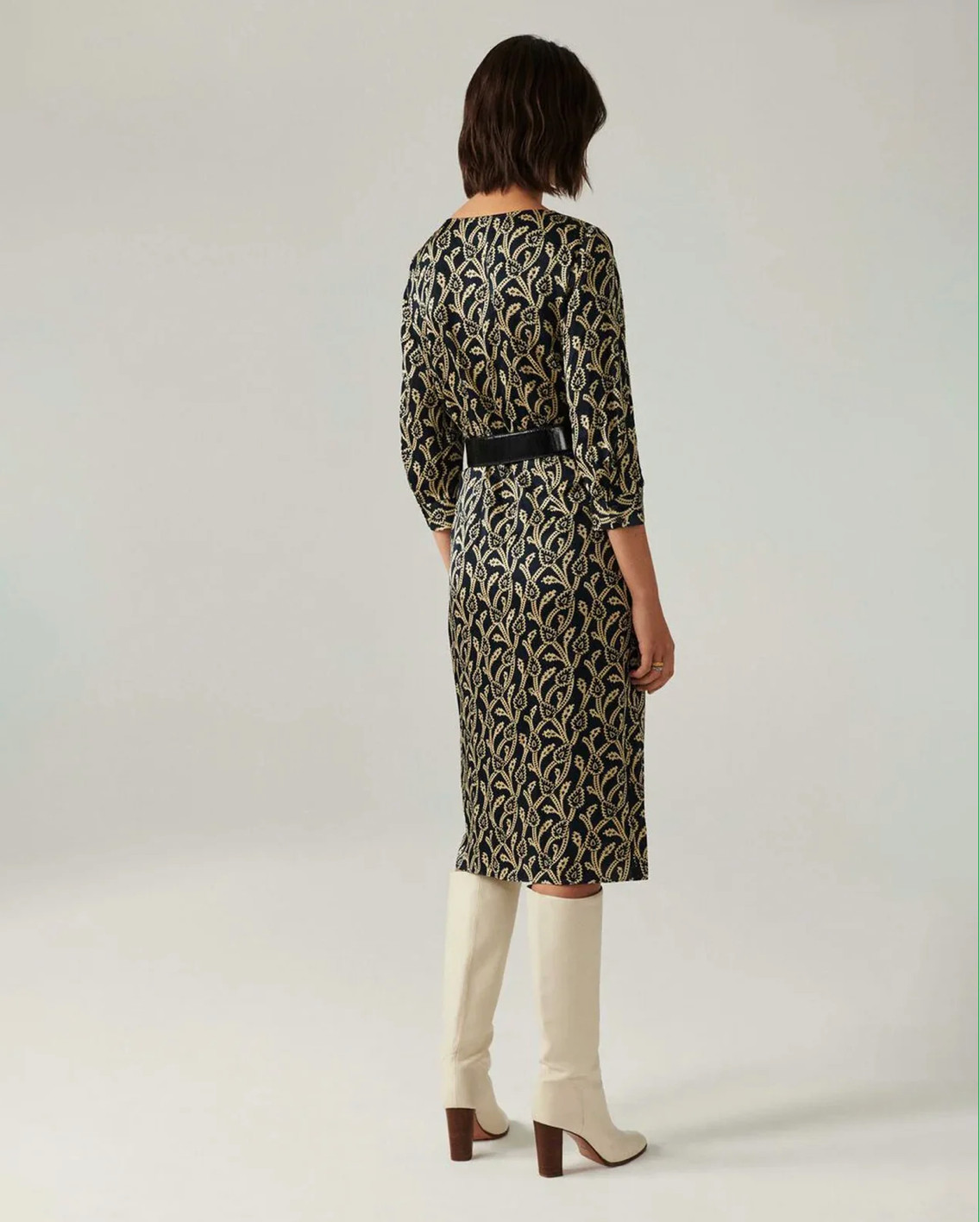BA&SH Opal Wrap-Effect Navy Cream Paisley-Style Midi Dress RETAIL $425
