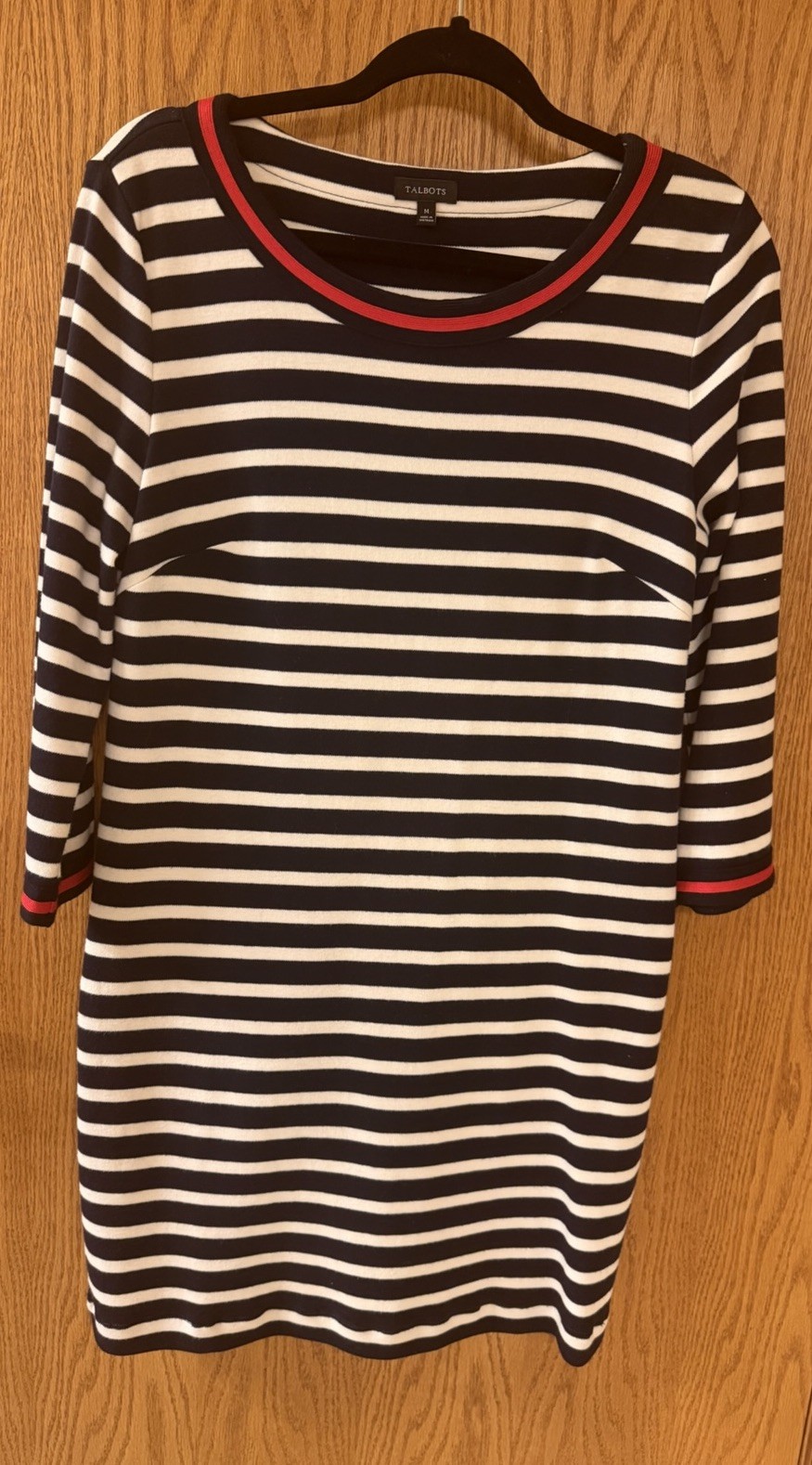 Talbots Navy/wh/red Med Striped Dress Cotton Knit 3/4 Sleeves Nautical Patriotic
