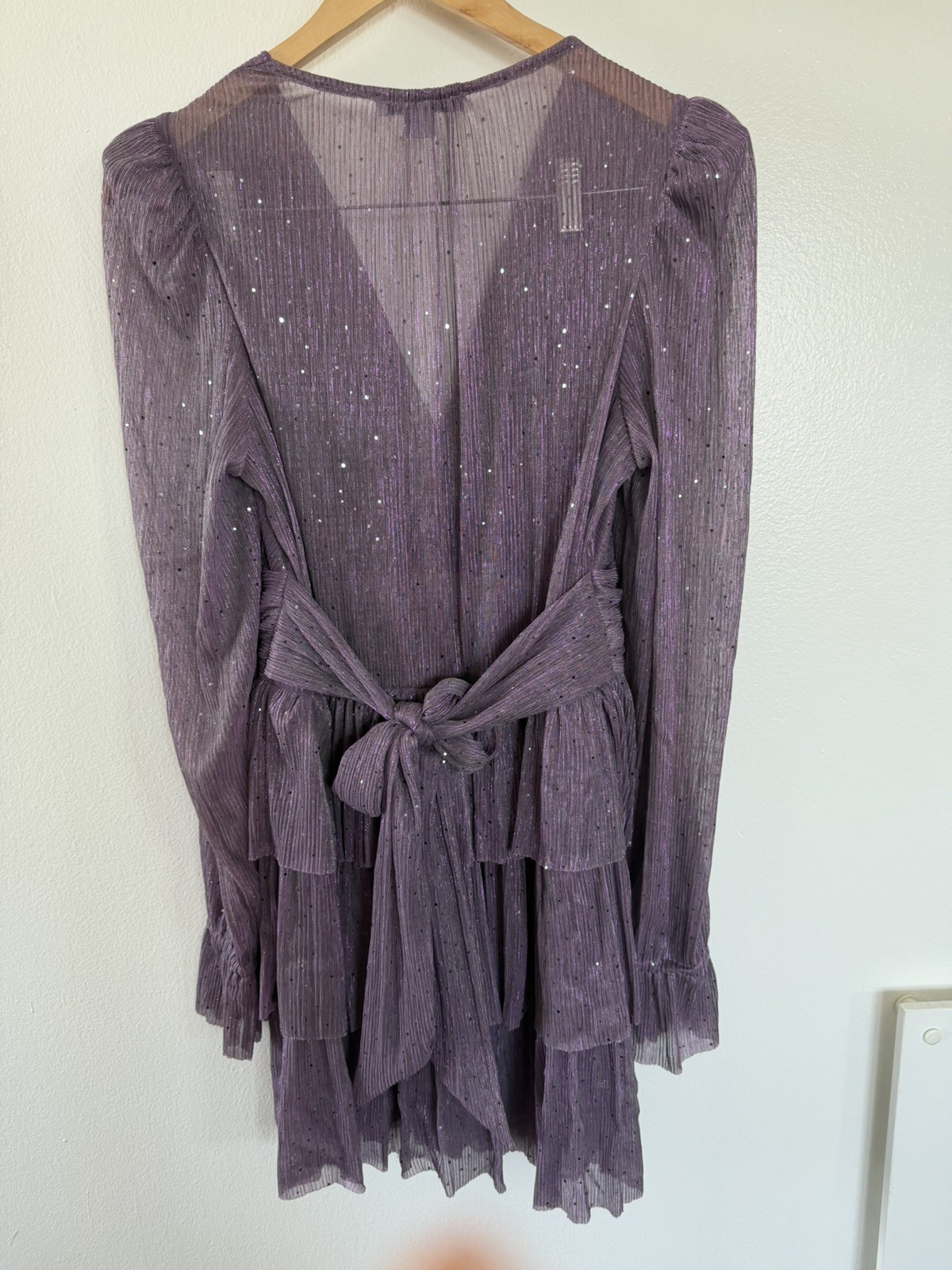 Sabrina Musayev Purple Glitter Pleated Sheer V-Neck Puff Sleeve Mini Dress M
