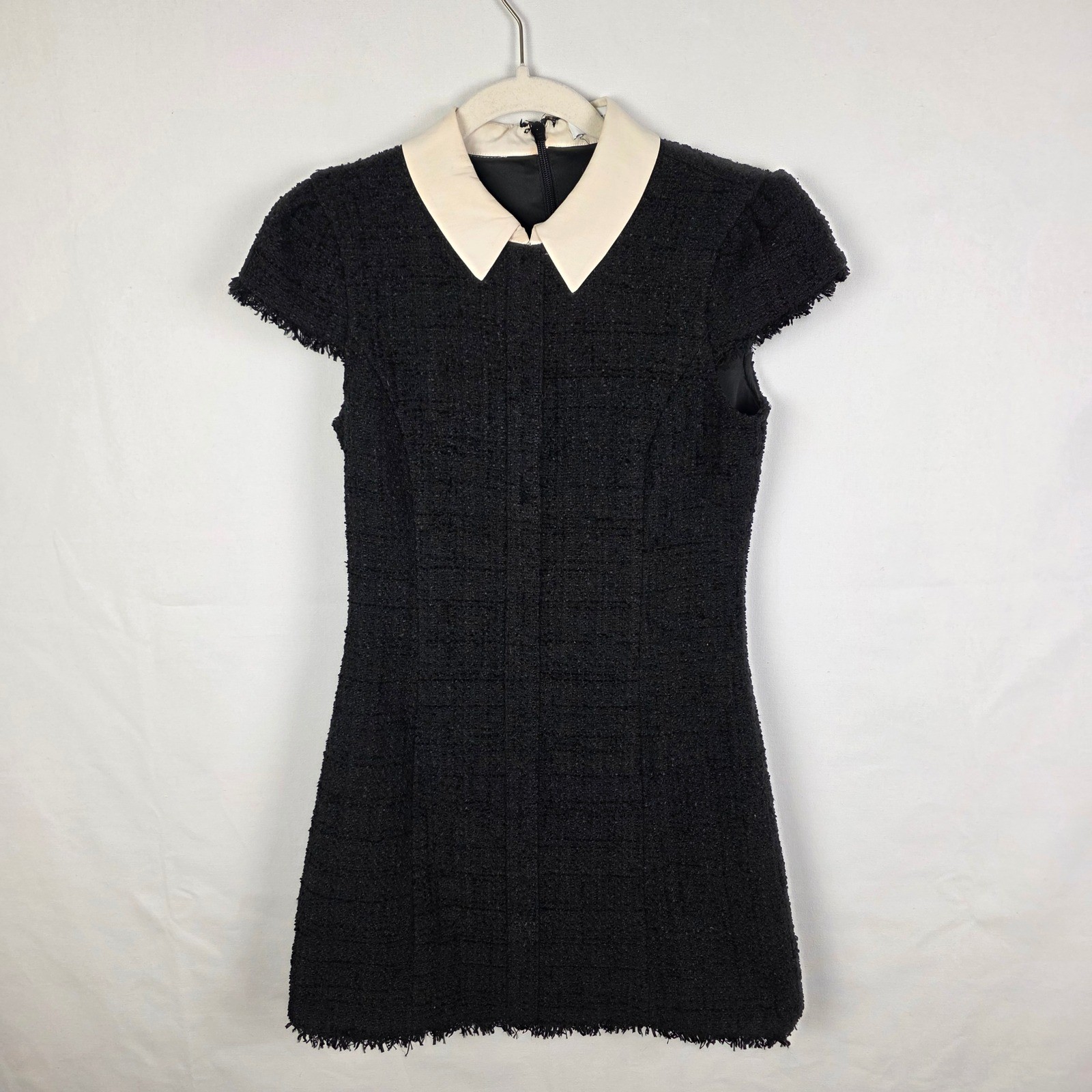 Likely Black Tweed Mini Dress White Contrast Collar Wool Blend Cap Sleeve Size 4