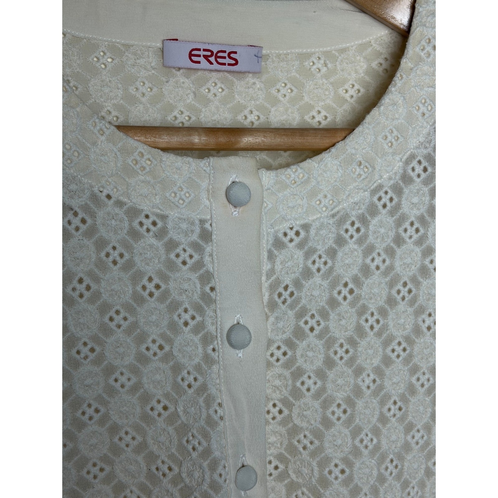 Eres Cream Eyelet Lace Button Front Shift Dress 3/4 Sleeve Size M/L
