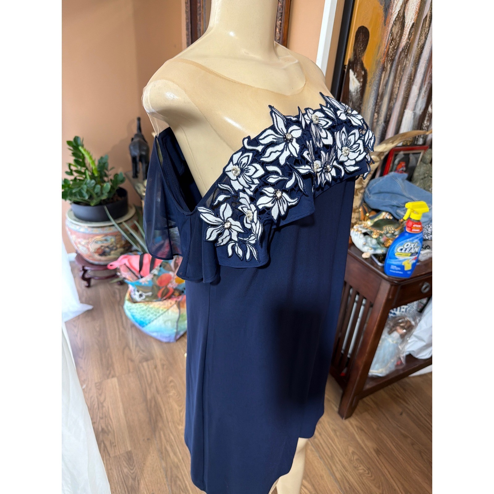 MSK Navy Blue Floral Lace Rhinestone Illusion Neck Cold Shoulder Dress Large