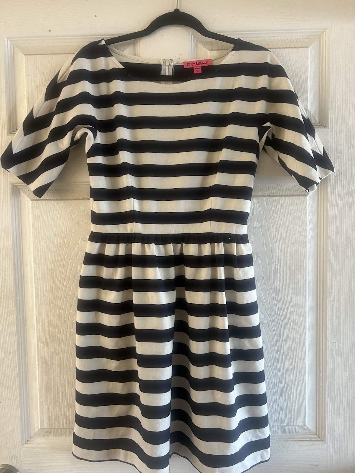 Betsey Johnson Navy/White Striped Fit & Flare Knee Boat Neck Knit Dress 10