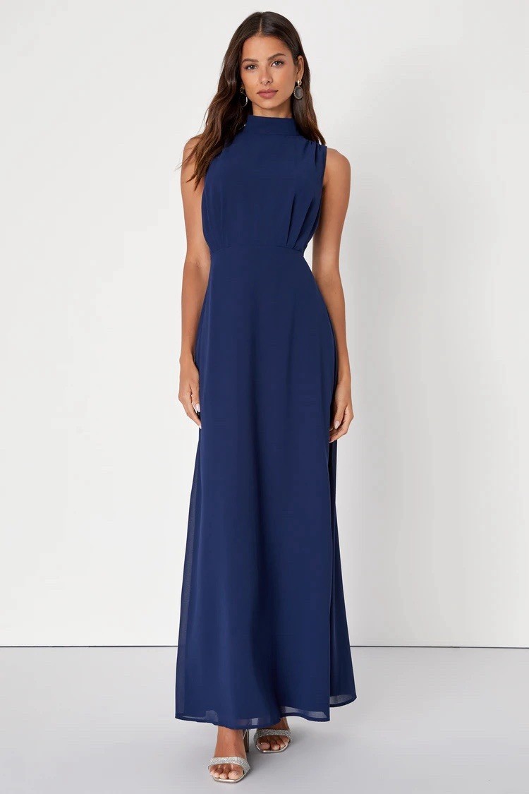 Lulus Classic Elegance Chiffon Sleeveless Mock Neck Maxi Dress Women’s Sm Blue