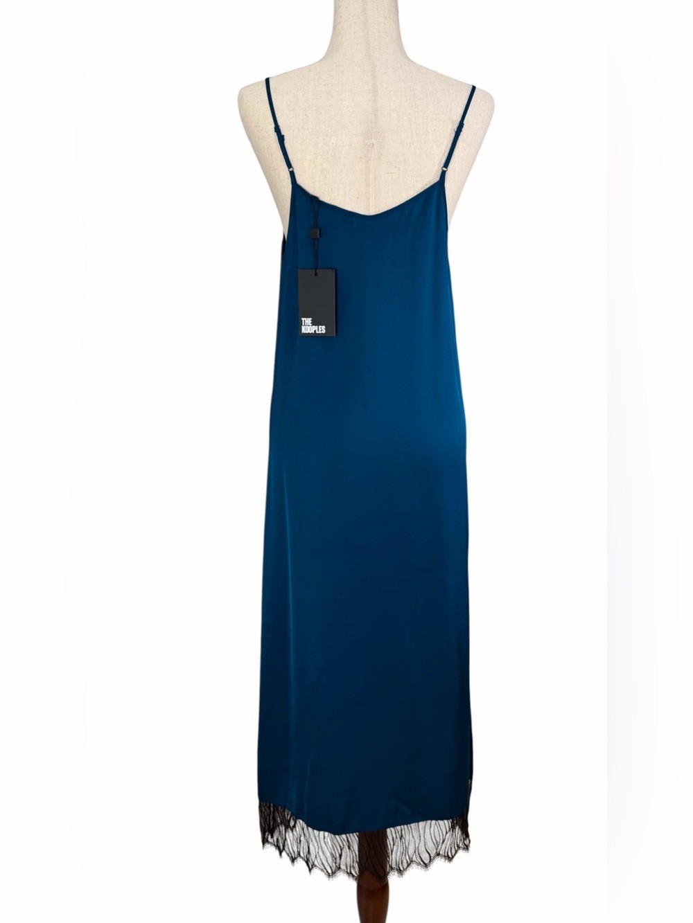 The Kooples NWT Teal Slip Dress with Black Lace Trim