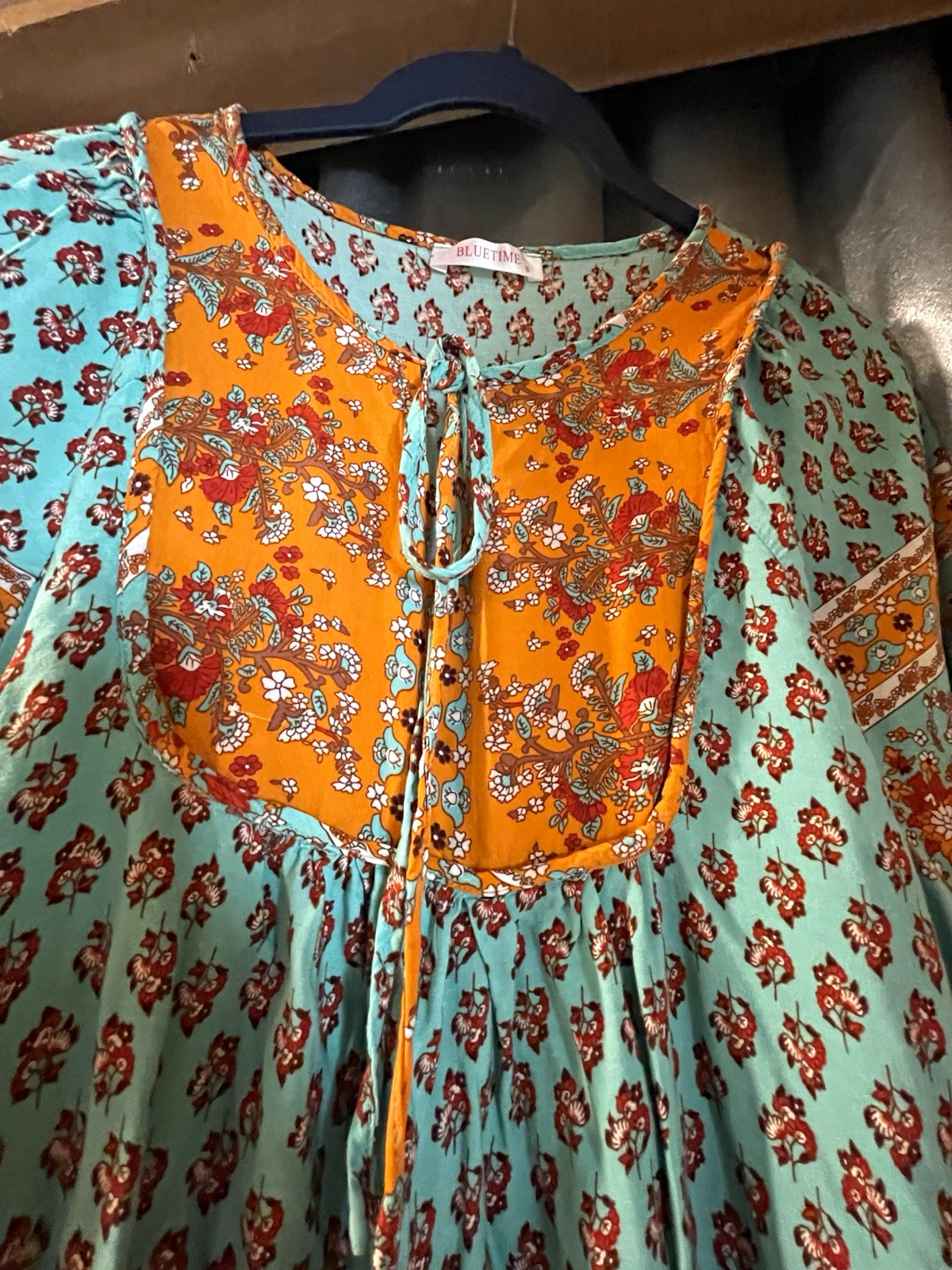BLUETIME Blue/Orange Floral V-Neck Tie Neck 3/4 Balloon Sleeve Midi Dress M