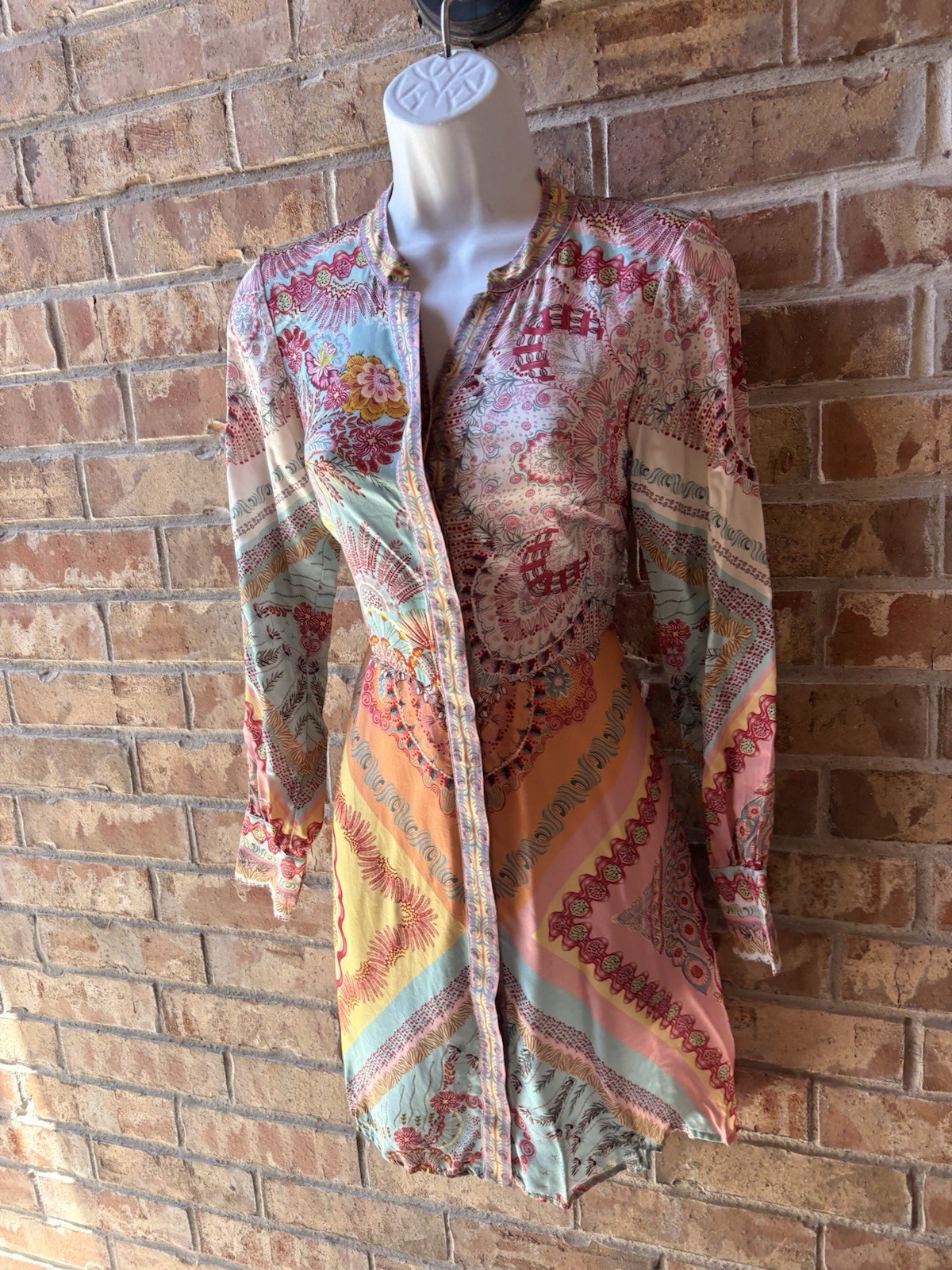 Hale Bob Paisley Multicolor Collared Button-Front Silk Dress XS LS