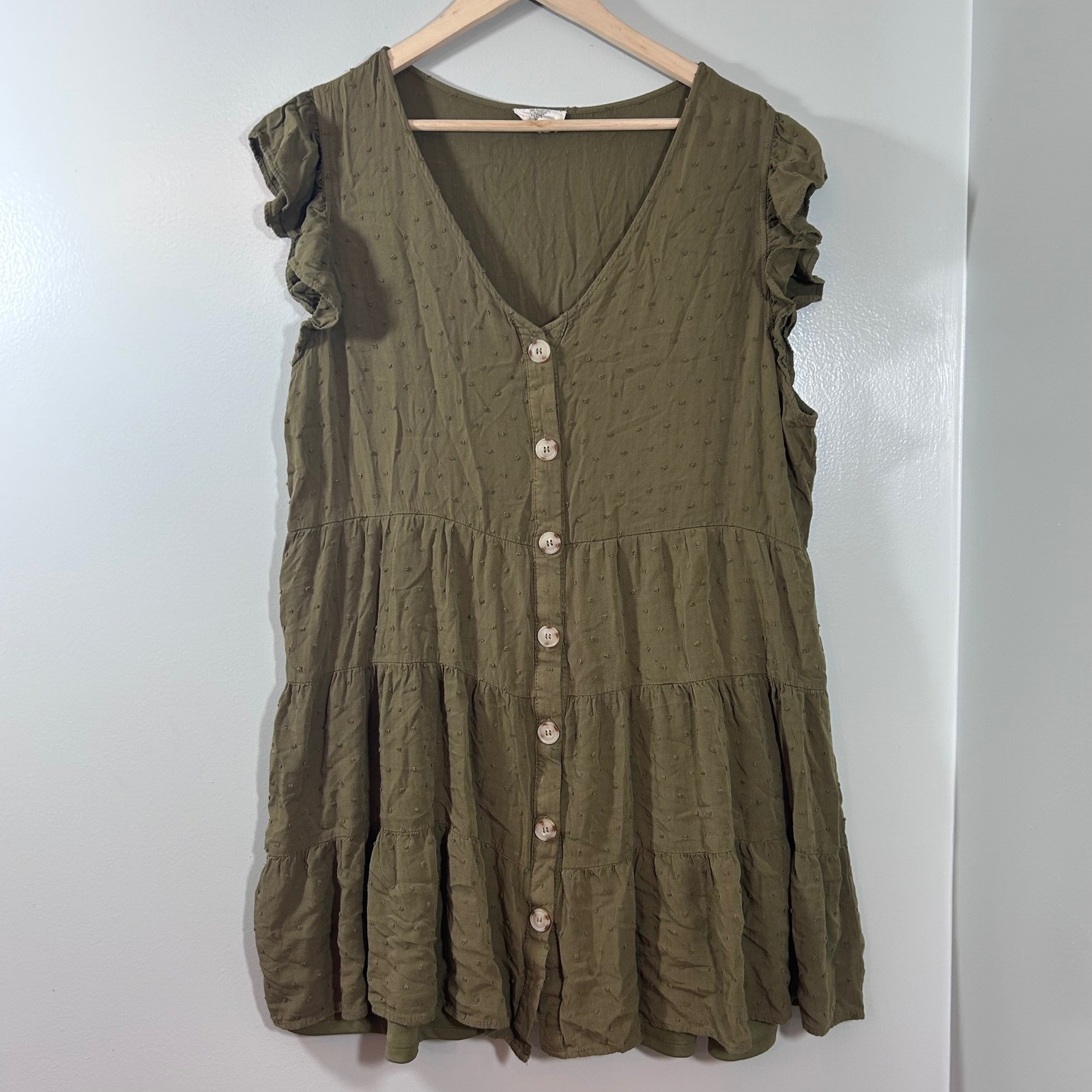 Perch by Blu Pepper Olive Green Swiss Dot Tiered Button Front Mini Dress 2XL