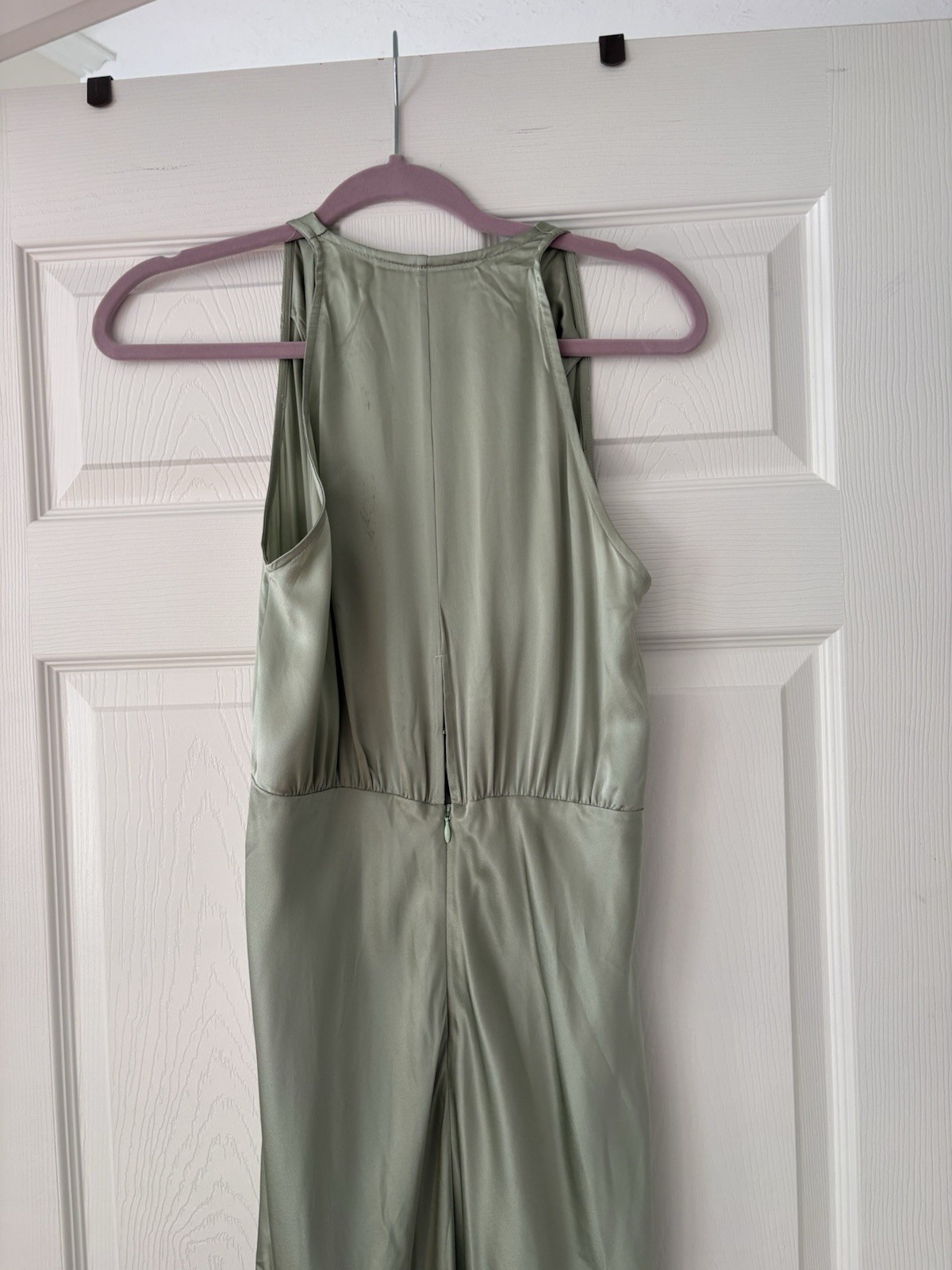 Michelle Mason Green Silk Satin V-Neck Sleeveless Maxi Dress Zip Closure 4