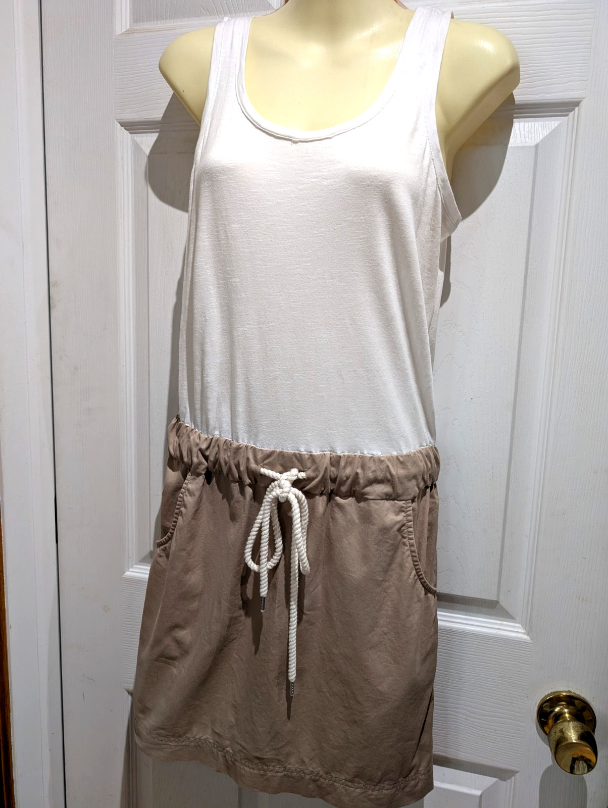LOFT Tank Dress Mixed Media White Tan Drawstring Waist Pockets Sleeveless XS P